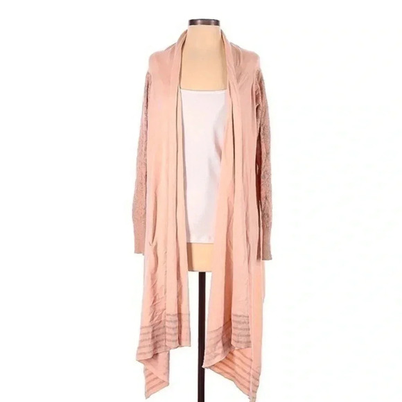 DKNY Dusty Rose Pink Long Open Front Crochet Sleeves Cardigan Duster Size S XS - Picture 1 of 2